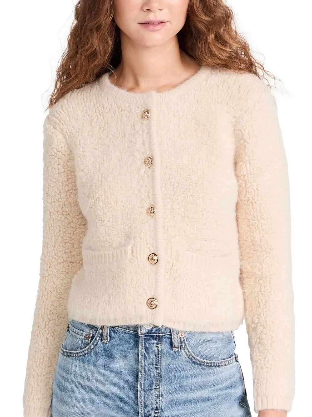 Astr Cream Bouclé Button Cardigan with Gold Buttons